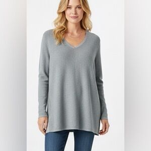 J. Jill Gray Silk Cotton Blend Classic V-Neck Tunic Sweater  Size Large